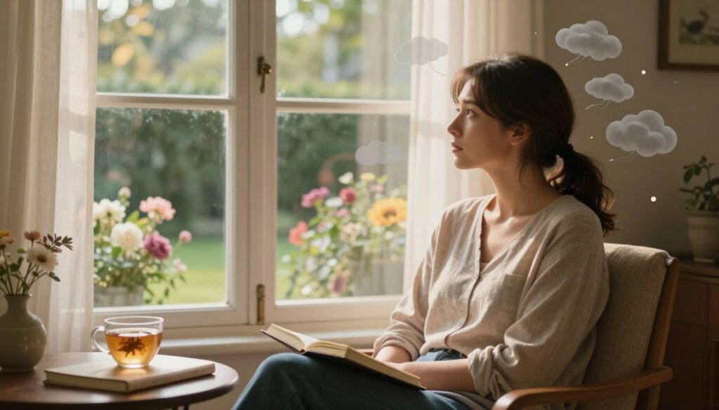 a serene and contemplative scene depicting a woman in a cozy, softly lit room, seated on a comfortable chair, displaying a thoughtful expression as she gazes out of a window. In the foreground, a small table holds a journal and a cup of herbal tea, symbolizing self-care. The middle ground captures the subtle presence of swirling clouds and abstract shapes around her head, representing intrusive thoughts and the hormonal impacts of PMDD. The background shows a peaceful garden with blooming flowers, bathed in warm sunlight that filters through sheer curtains, creating an intimate atmosphere. The composition evokes a sense of introspection and emotional depth, aligning with the theme of women's health. Editorial women's health photography, realistic women, premium medical magazine style. Vidah Plena | women's health. a serene and contemplative scene depicting a woman in a cozy, softly lit room, seated on a comfortable chair, displaying a thoughtful expression as she gazes out of a window. In the foreground, a small table holds a journal and a cup of herbal tea, symbolizing self-care. The middle ground captures the subtle presence of swirling clouds and abstract shapes around her head, representing intrusive thoughts and the hormonal impacts of PMDD. The background shows a peaceful garden with blooming flowers, bathed in warm sunlight that filters through sheer curtains, creating an intimate atmosphere. The composition evokes a sense of introspection and emotional depth, aligning with the theme of women's health. Editorial women's health photography, realistic women, premium medical magazine style. Vidah Plena | women's health.